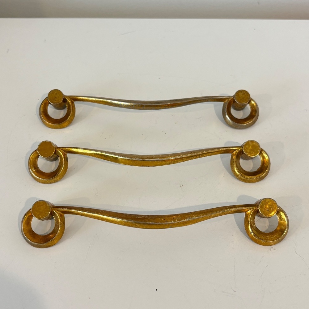 MCM Set of THREE drawer pulls mid century dresser handles gold toned 5.5" wide - Picture 11 of 12